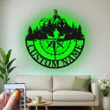 Cartel de metal personalizado de brújula de cazador | Decoración mural LED para cabaña | Regalo con nombre a medida para amantes del aire libre