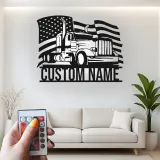 Personalized Semi Truck Metal Art | LED American Flag Sign | Patriotic Trucker Decor & Gift for Man Cave | Laser Cut Steel