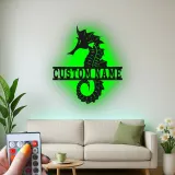 Cartel de metal personalizado de caballito de mar | Arte mural de luz LED personalizada | Decoración náutica para casa de playa | Regalo para hogar costero