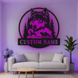Cartel de metal personalizado con luz LED de lobo y bosque, regalo de vida salvaje personalizado para amantes de la naturaleza, decoración para cabañas