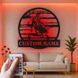 Arte de metal de jinete de toro de rodeo | Cartel LED de vaquero personalizado | Decoración y regalo de rancho western personalizado