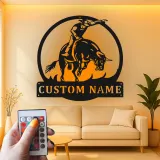 Insegna in metallo personalizzata Rodeo Bull Rider | Arte murale in metallo LED per decorazioni western e ranch | Regalo per cowboy