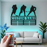 Panneau prénom hockey personnalisé | Décoration murale en métal LED pour salle de jeux | Silhouette de joueur personnalisée | Cadeau pour amateur de sport