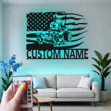 Cartel de Metal de Cortacésped | Decoración LED Personalizada para Paisajistas | Decoración de Bandera Americana con Nombre Personalizado | Regalo para Garaje y Jardín
