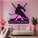 Custom Hockey Player Metal Sign | LED Light Wall Art | Personalized Game Room Decor | Hockey Fan Gift