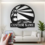 Personalized Lighthouse Metal Wall Art | Custom Name Sign with LED Light | Modern Coastal Decor for Beach House