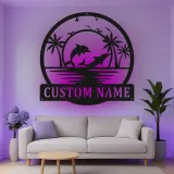 Décoration murale en métal personnalisée avec scène de plage de dauphins et rétroéclairage LED - Cadeau pour amoureux de l'océan - Décor de salon côtier