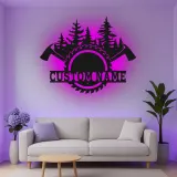 Cartel de metal personalizado de leñador en el bosque con luz LED, regalo para amante del aire libre, decoración de cabaña rústica