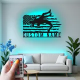 Décoration murale en métal personnalisée avec éclairage LED Lutte Américaine Drapeau Cadeau Sportif Personnalisé pour Athlètes Décor de Gym ou de Chambre