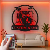 Insegna in metallo LED a forma di set di tamburi personalizzata Regalo per musicisti Decorazione per studio musicale o camera da letto