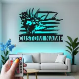 Custom Elk American Flag Led Light Metal Wall Art Personalized Gift for Hunters Rustic Cabin Decor
