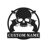 Personalized Skull & Revolvers LED Sign | Custom Metal Name Art for Man Cave | Western Gunslinger Wall Decor for Him