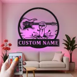 Enseigne LED guitare en métal personnalisée | Décoration murale prénom musicien | Décor studio rock et bar à domicile