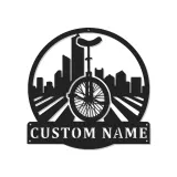 Custom Unicycle Cityscape Led Light Metal Wall Art Unique Gift for Cyclists Urban Decor for Living Room