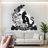Décoration murale en métal personnalisée Chat et Fleurs avec rétroéclairage LED Cadeau pour amoureux des chats Décor de chambre ou de salon