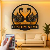 Cartel de metal personalizado con luz LED de pareja de cisnes, regalo romántico para parejas, decoración para dormitorio o salón