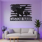 Insegna in metallo personalizzata per jet militare | Arte murale LED personalizzata | Regalo patriottico per veterani e decorazione con bandiera americana