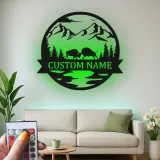 Cartel de metal personalizado con escena de montaña y bisonte iluminado LED, regalo para amantes de la naturaleza, decoración para cabañas o lodges