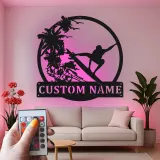 Custom Surfer Metal Wall Art | Personalized LED Beach House Decor | Tropical Wave Silhouette Sign | Gift for Ocean Lovers