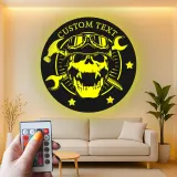 Individuelles Garagenschild mit LED | Personalisiertes Mechaniker Skull Metall Wandkunst | Vintage Biker Dekor für Werkstatt oder Man Cave
