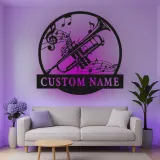 Cartel de metal LED con trompeta y notas musicales personalizado, regalo para músicos, decoración para estudio o sala de música