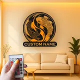 Cartel de metal de peces Koi Yin Yang | Arte mural LED personalizado | Decoración japonesa zen personalizada para sala de meditación y estudio