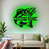 Insegna in metallo personalizzata con pesce e LED | Regalo personalizzato per pescatore | Arredo murale per casa al lago e baita