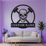 Panneau en métal LED avec crâne et marteaux | Art mural personnalisé pour garage | Décor industriel gothique | Cadeau d'atelier