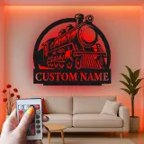 Insegna in metallo personalizzata con luce LED di locomotiva a vapore per appassionati di treni, regalo per man cave o decorazione per ufficio
