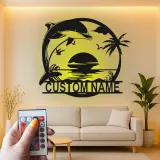 Cartel de metal personalizado con delfines al atardecer y luz LED, regalo para amantes de la playa, decoración costera para el salón