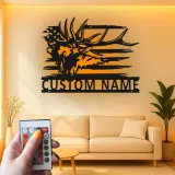 Custom Elk American Flag Led Light Metal Wall Art Personalized Gift for Hunters Rustic Cabin Decor