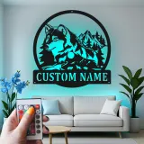 Cartel de metal personalizado de lobo y montaña con luz LED Regalo para amantes de la naturaleza Decoración rústica de cabaña