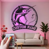 Décoration murale en métal Marlin Fish avec LED | Cadeau personnalisé pour pêcheur | Décor nautique pour man cave | Enseigne de pêche sportive