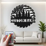 Personalized Saw Blade Metal Sign | Forest & Flag LED Wall Art | Custom Name Cabin Decor | Outdoorsman Gift for Him
