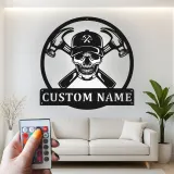Custom Skull Hammer Metal Sign | LED Workshop Decor for Garage | Personalized Carpenter Name Plaque | Handyman Gift