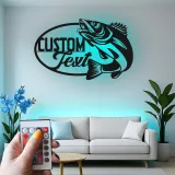 Enseigne de pêche sur mesure en métal | Décor LED avec prénom de pêcheur | Décoration rustique pour maison de lac, chalet et man cave