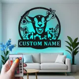 Cartel de cabra personalizado con LED | Arte mural de metal personalizado | Decoración farmhouse para granero o hogar | Regalo para amantes de las cabras