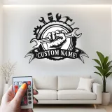 Cartel LED personalizado de mecánico | Arte mural de metal para garaje | Decoración personalizada de puño de llave | Señalización industrial para cuevas de hombres | Regalo para papá