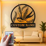 Custom Swallow Bird Led Light Metal Wall Art Personalized Gift for Nature Lovers Bedroom or Living Room Decor