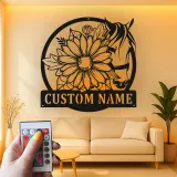 Insegna LED Personalizzata Cavallo e Fiori | Arte in Metallo Personalizzata | Regalo Equestre e Decorazione per Ranch