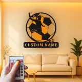 Cartel de metal personalizado de jugadora de fútbol femenino con luz LED, regalo personalizado para aficionados al fútbol, decoración para sala de deportes