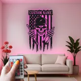 Panneau en métal crâne de mécanicien personnalisé | Décoration murale rétroéclairée pour garage | Cadeau patriotique pour réparateur avec drapeau américain