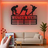 Individuelle LED Metall-Wandkunst für Eisschnelllauf | Personalisierte Silhouette eines Eiskunstläufers & Medaillenhalter | Geschenk für Sportler