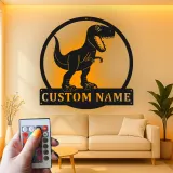 Cartel de metal personalizado de luz LED de dinosaurio T-Rex regalo personalizado para la habitación o sala de juegos de los niños 1