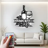 Décoration murale en métal personnalisée avec bouteille de vin et verre en rétroéclairage - Cadeau pour les amateurs de vin, décoration de cuisine ou de bar