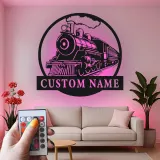 Décoration murale en métal personnalisée de train à vapeur avec rétroéclairage LED - Cadeau pour passionnés de trains, décoration pour man cave ou bureau
