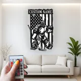 Cartel personalizado de portero de hockey | Decoración mural LED de metal personalizada | Decoración patriótica para cueva del hombre para aficionados al hockey