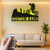 Custom Mountain Biker Metal Sign | Personalized LED Wall Art for Cyclist | Biking Decor Gift for Outdoor Enthusiast