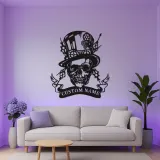 Insegna in metallo LED Teschio Steampunk | Insegna con Nome Personalizzato per Man Cave | Decorazione per Stanza di Gioco Gotica con Cappello a Cilindro e Ingranaggi