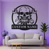 Cartel LED de Calavera Mecánica | Arte de Pared Personalizado para Garaje | Decoración de Taller Personalizada para Él | Luz de Man Cave Gearhead